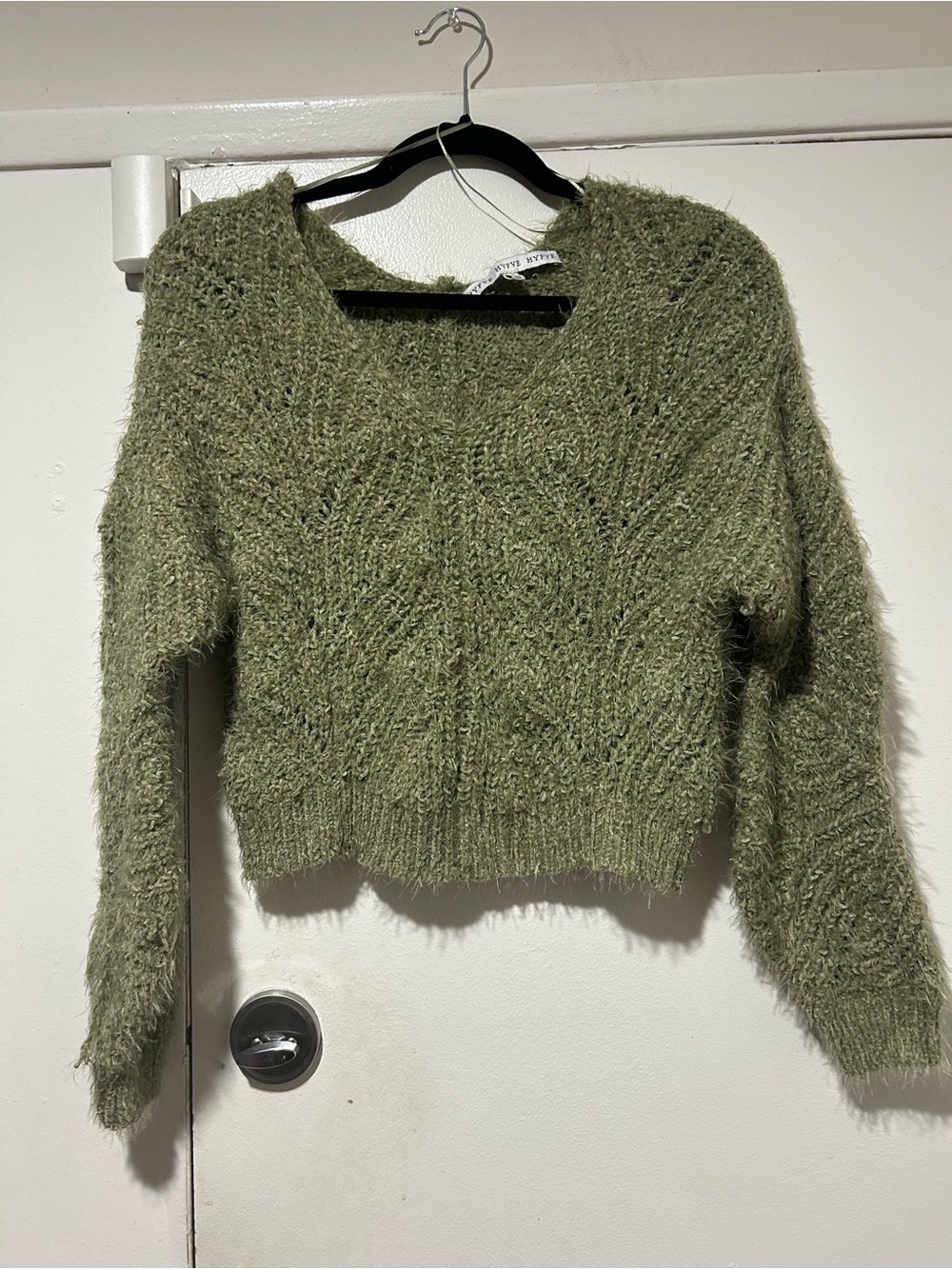 Whimsy Cottage Sage Fuzzy Crop CableKnit Long Sleeve Pullover SweaterM-not itchy